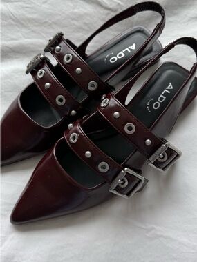 ALDO Burgundy Pointed-Toe Slingback Mules with Studded Straps